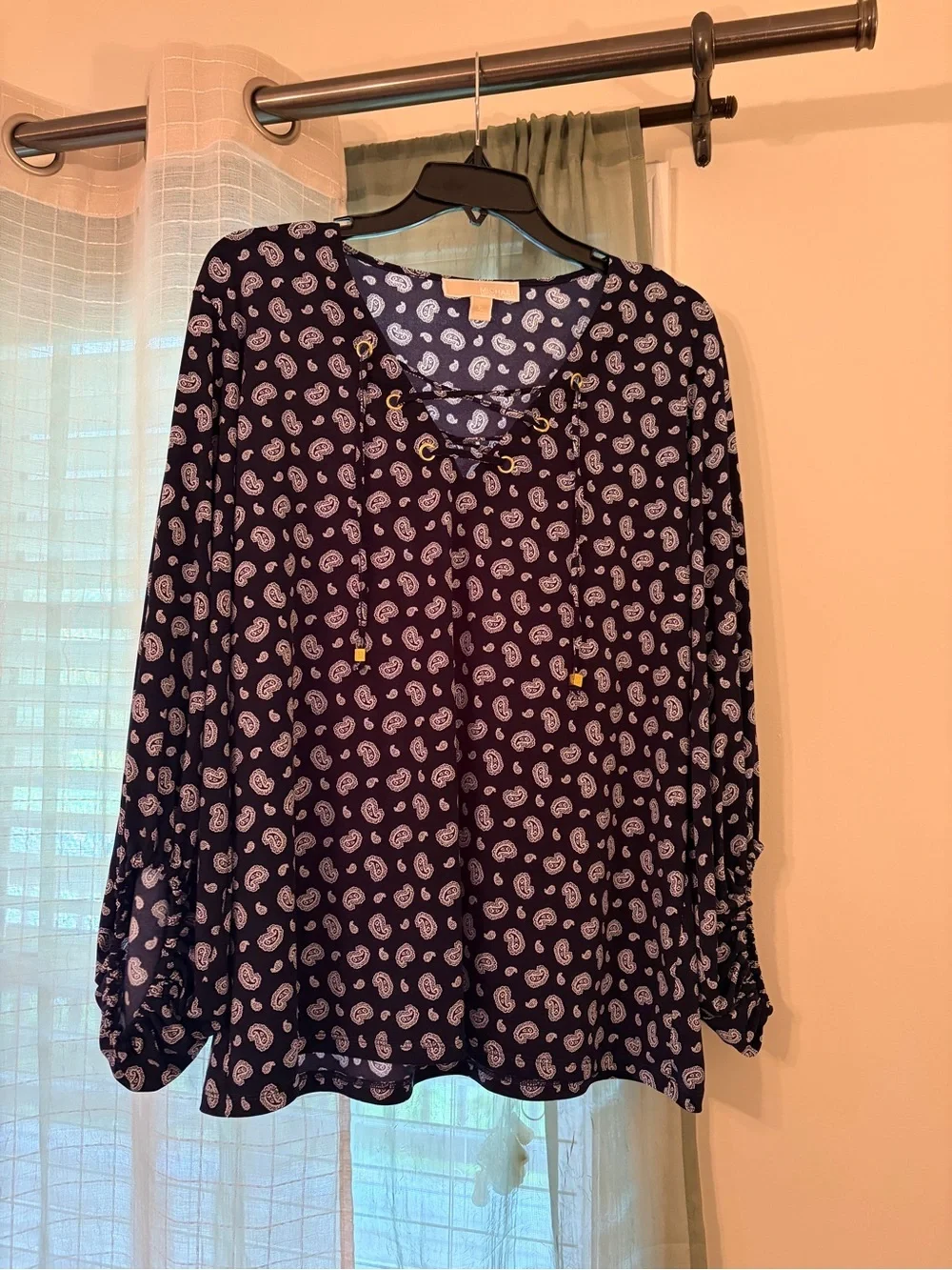 Michael Kors Navy Paisley Lace-Up Long-Sleeve Blouse